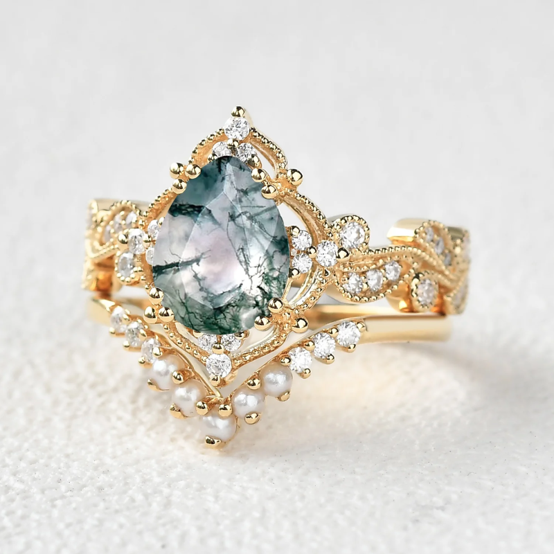 Sterling Silver with Yellow Gold Plated Pear Cut Moss Agate Engagement Ring-4