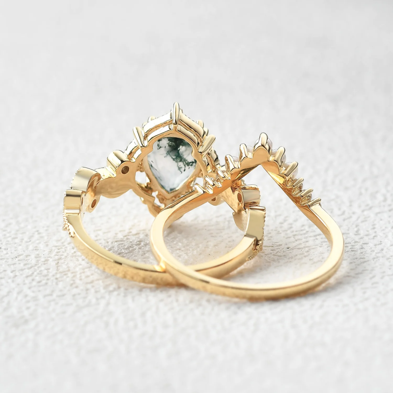 Sterling Silver with Yellow Gold Plated Pear Cut Moss Agate Engagement Ring-5