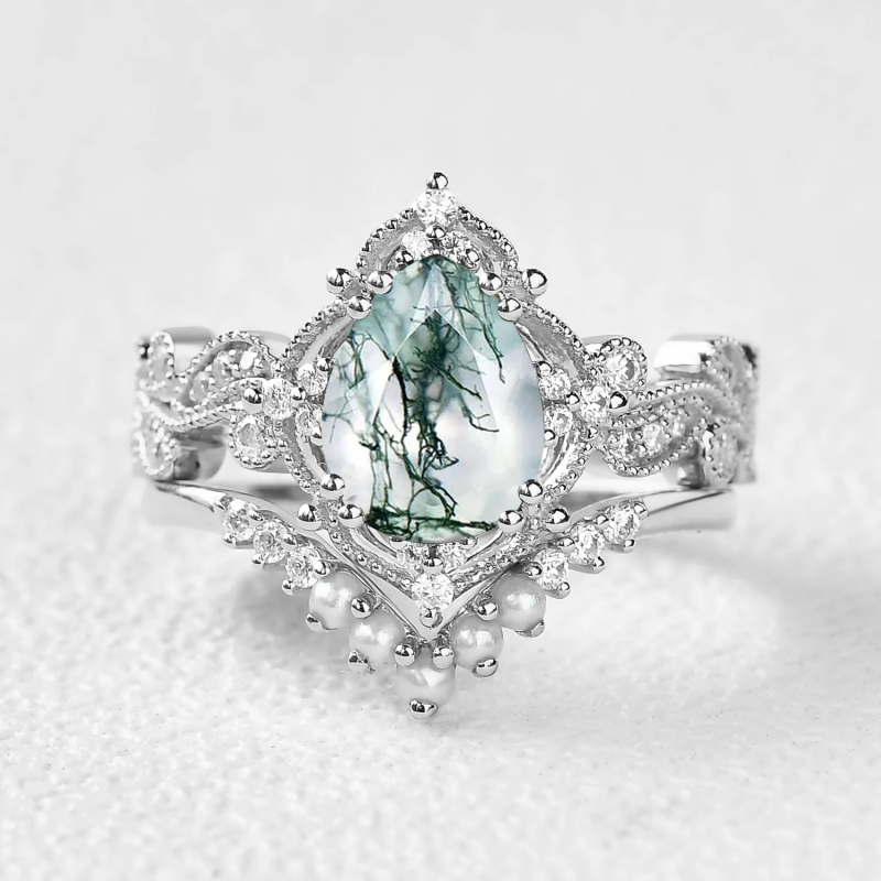 Sterling Silver with Yellow Gold Plated Pear Cut Moss Agate Engagement Ring-6