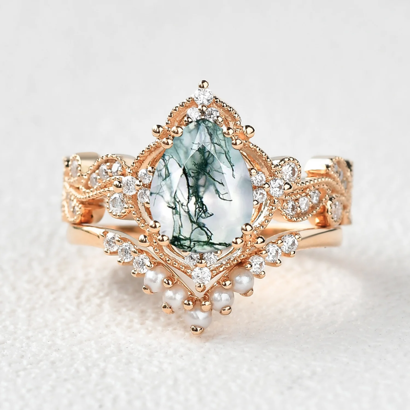 Sterling Silver with Yellow Gold Plated Pear Cut Moss Agate Engagement Ring-7