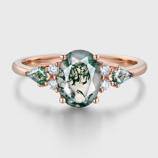 Sterling Silver with Yellow Gold Plated Pear Cut Moss Agate Engagement Ring