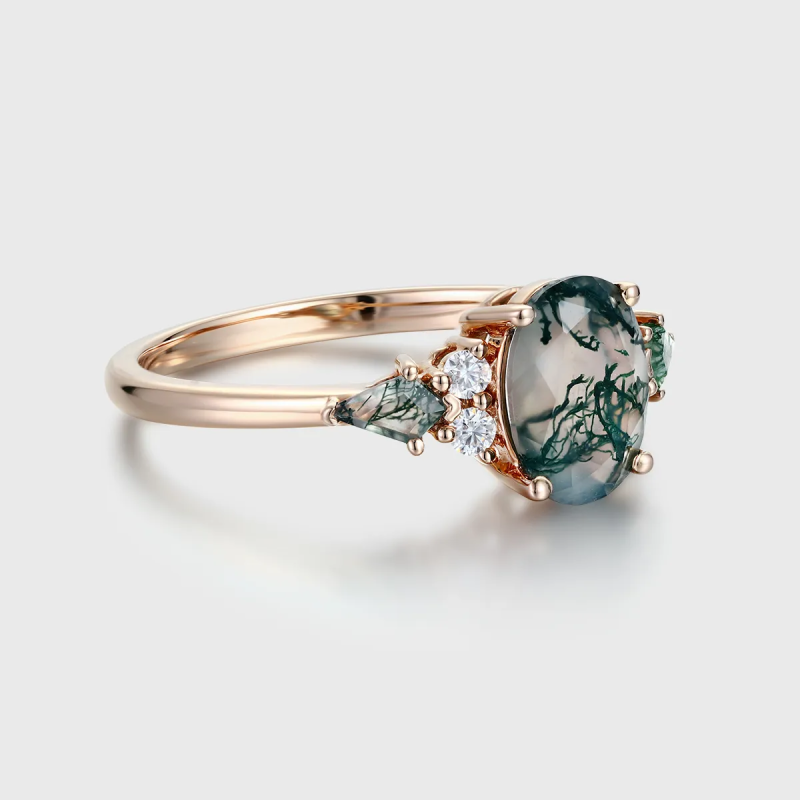 Sterling Silver with Rose Gold Plated Oval Cut Moss Agate Engagement Ring-3