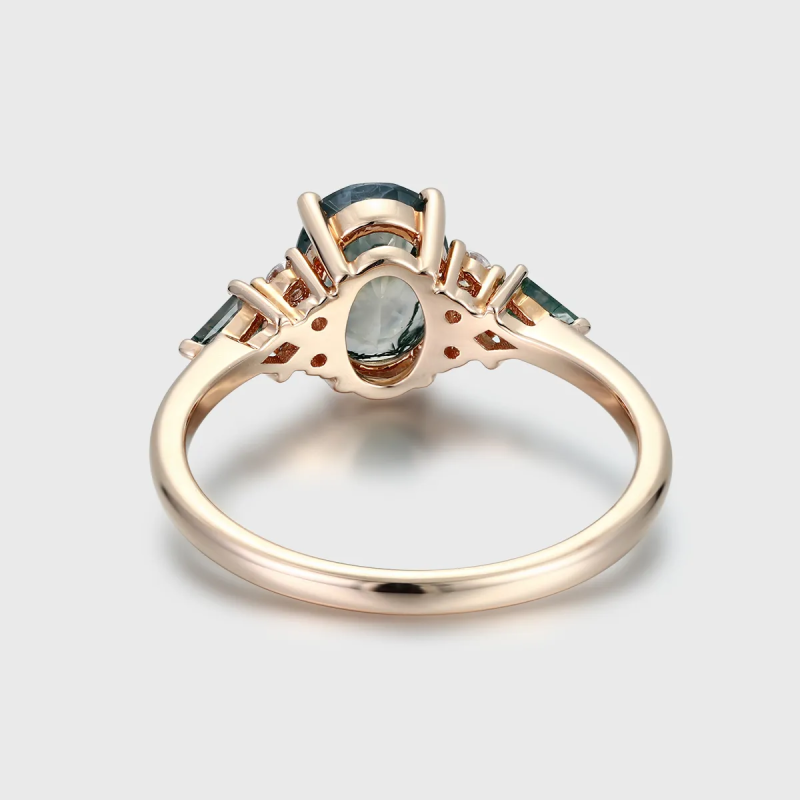 Sterling Silver with Rose Gold Plated Oval Cut Moss Agate Engagement Ring-4