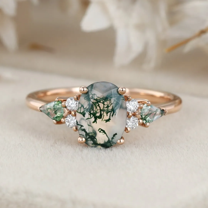 Sterling Silver with Rose Gold Plated Oval Cut Moss Agate Engagement Ring-5