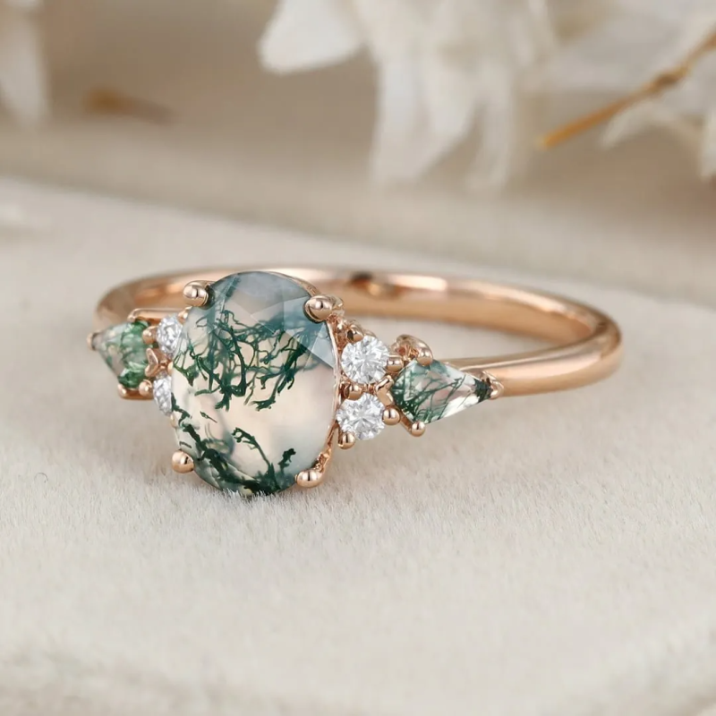 Sterling Silver with Rose Gold Plated Oval Cut Moss Agate Engagement Ring-6