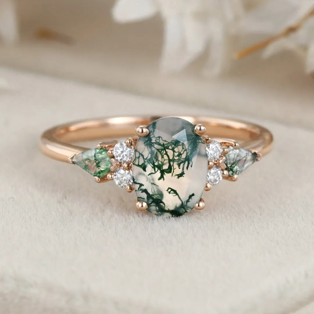 14K Gold Pear Cut Moss Agate Engagement Ring-7