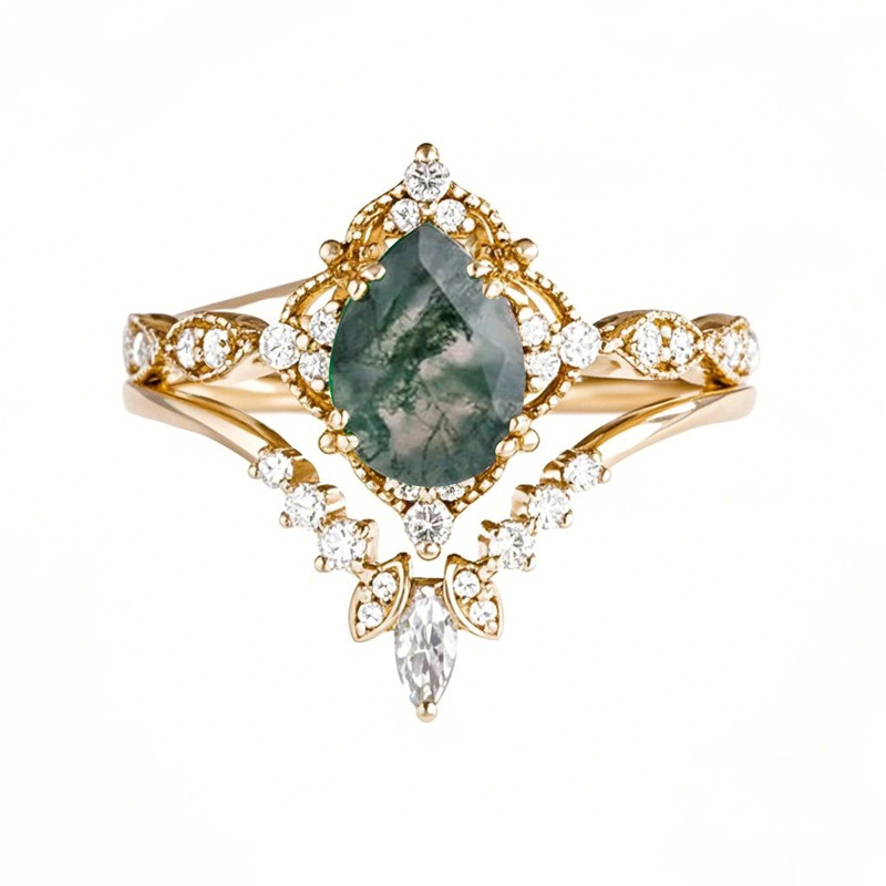 14K Gold Pear Cut Moss Agate Engagement Ring-1