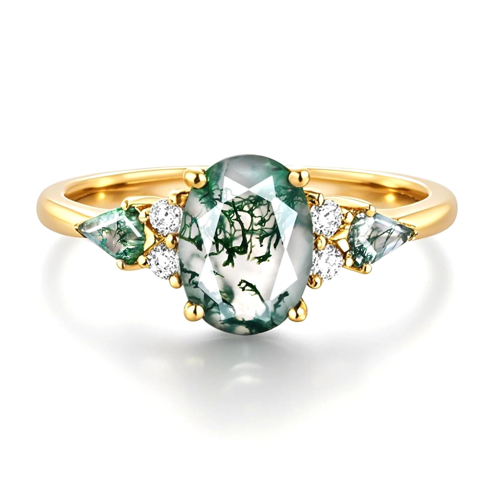 10K Gold Oval Cut Moss Agate Engagement Ring-1