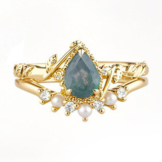Sterling Silver with Yellow Gold Plated Pearl & Moss Agate Oval Shaped Ring-34
