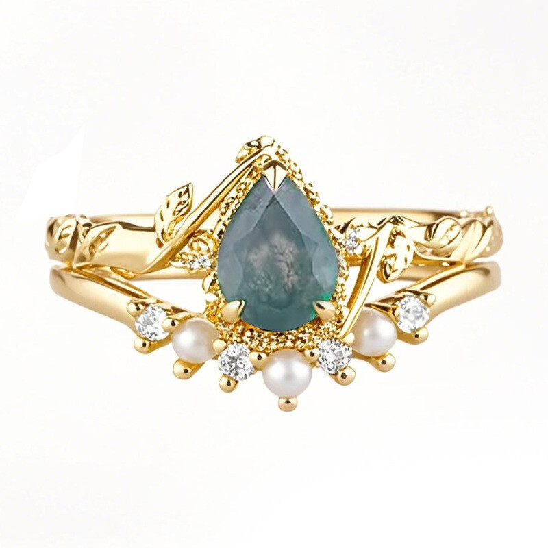 Ring aus 10-karätigem Gold mit birnenförmigem Moosachat-1