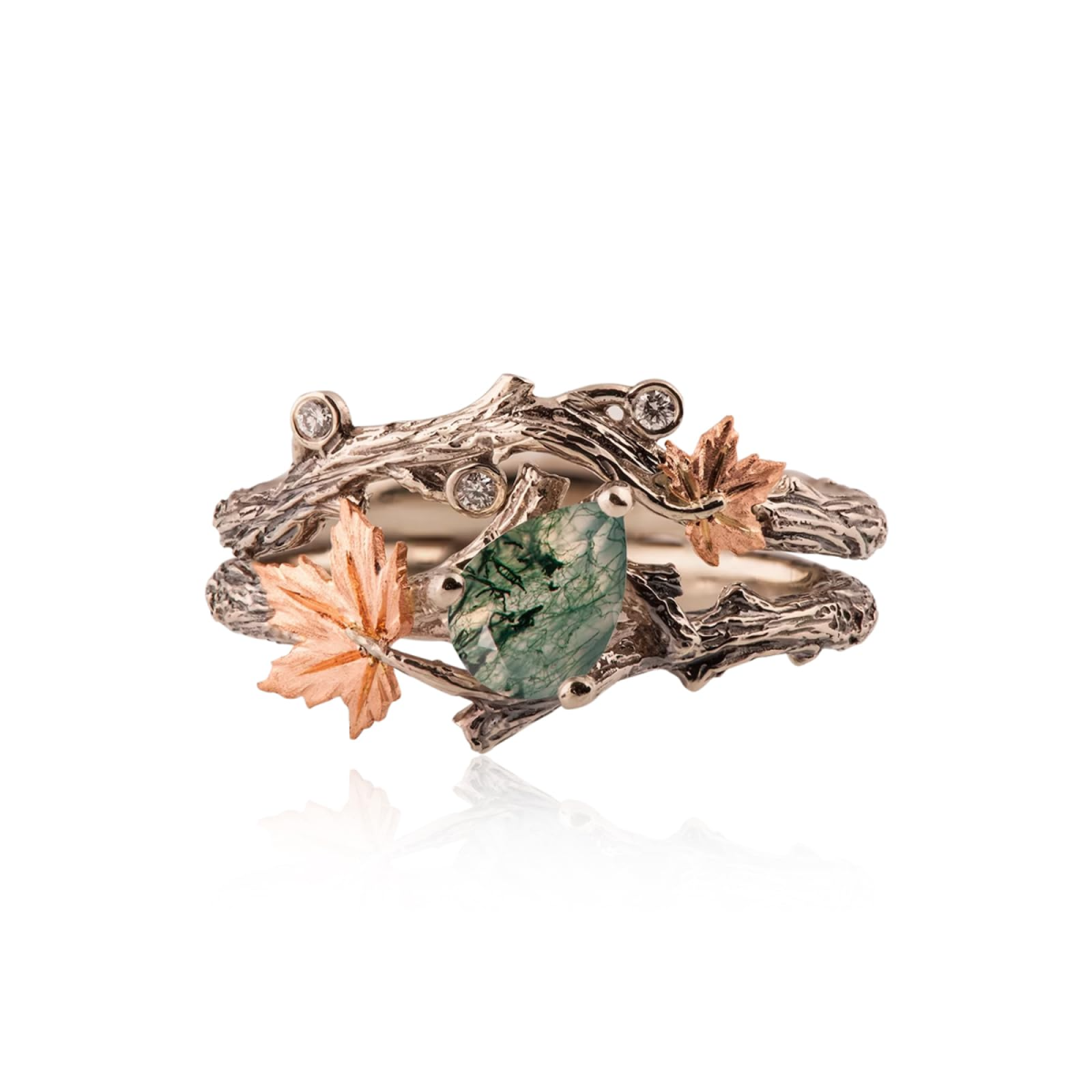 14K Gold Pear Cut Moss Agate Wedding Ring-1