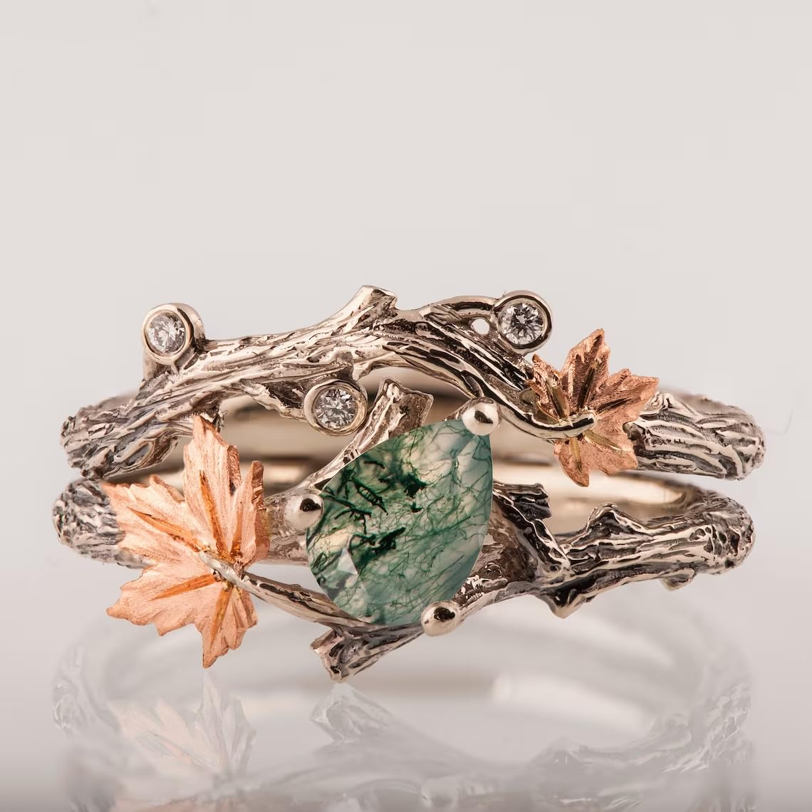 14K Gold Pear Cut Moss Agate Wedding Ring-4