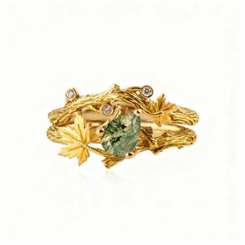 Bague de mariage en or 14 carats et agate mousse taille poire-1