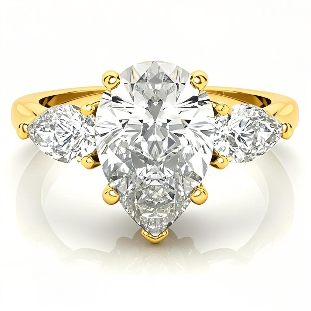 Anillo de compromiso de moissanita de tres piedras con corte de pera en oro de 14 quilates-1