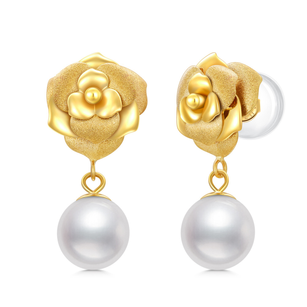 10K Gold Pearl Bead Drop Earrings-1