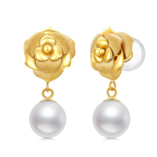 18K Gold Pearl Bead Drop Earrings-5