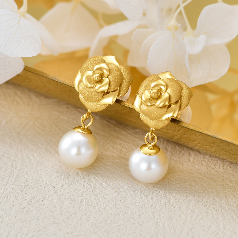 10K Gold Pearl Bead Drop Earrings-3