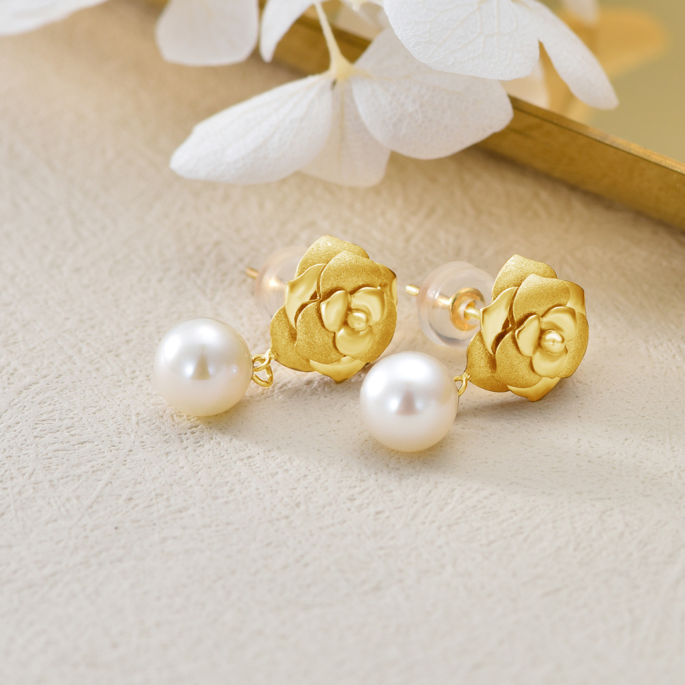 10K Gold Pearl Bead Drop Earrings-4