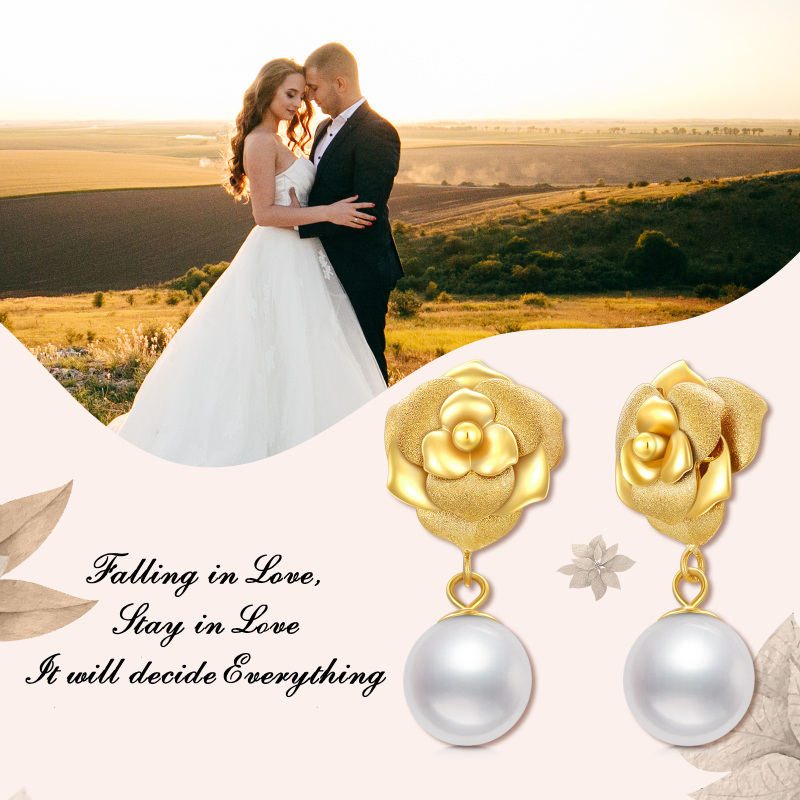 10K White Gold Pearl Bead Drop Earrings-6