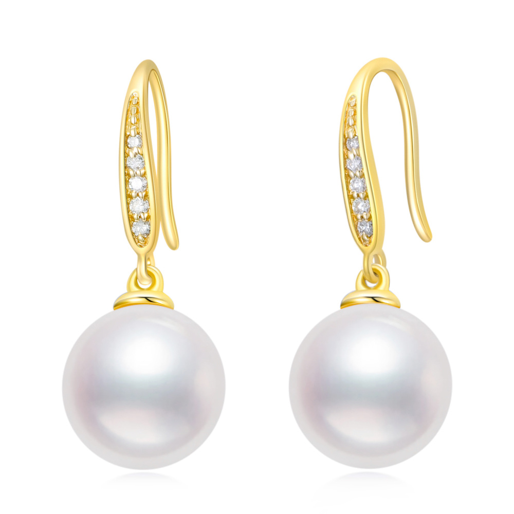 10K Gold Pearl Bead Drop Earrings-3