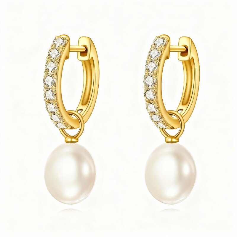 14K Gold Cubic Zirconia & Pearl Bead Drop Earrings-1