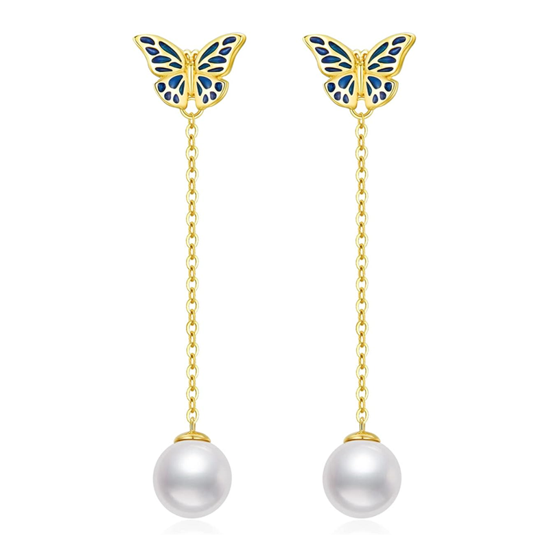 Gold Vermeil Pearl Butterfly Drop Earrings for Women-1