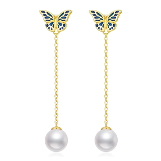 Gold Vermeil Pearl Butterfly Drop Earrings for Women-6