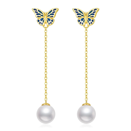 Boucles d'oreilles pendantes en forme de papillon en vermeil doré et perles pour femmes