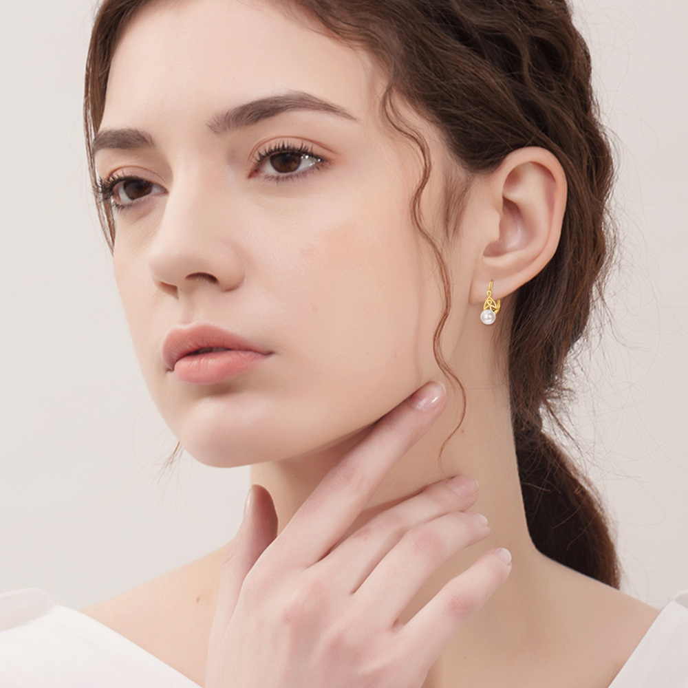 10K Gold Pearl Celtic Knot Hoop Earrings-2