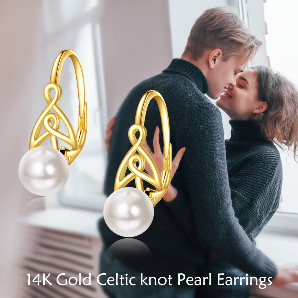 10K Gold Pearl Celtic Knot Hoop Earrings-6