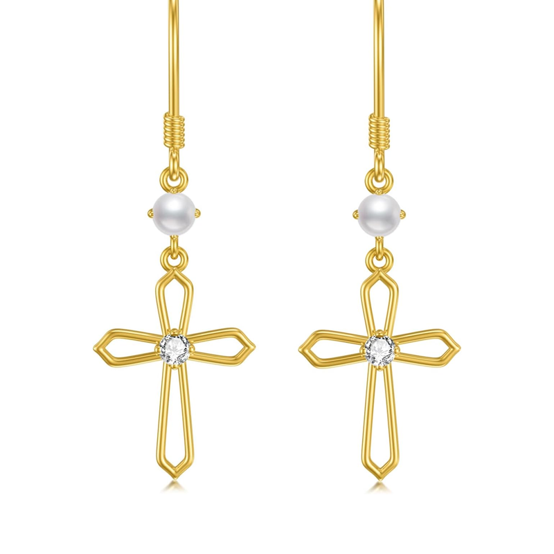 Gold Vermeil Cubic Zirconia Pearl Cross Drop Earrings for Women-1