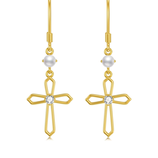 Boucles d'oreilles pendantes en forme de croix avec perles en zircone cubique en vermeil doré pour femmes