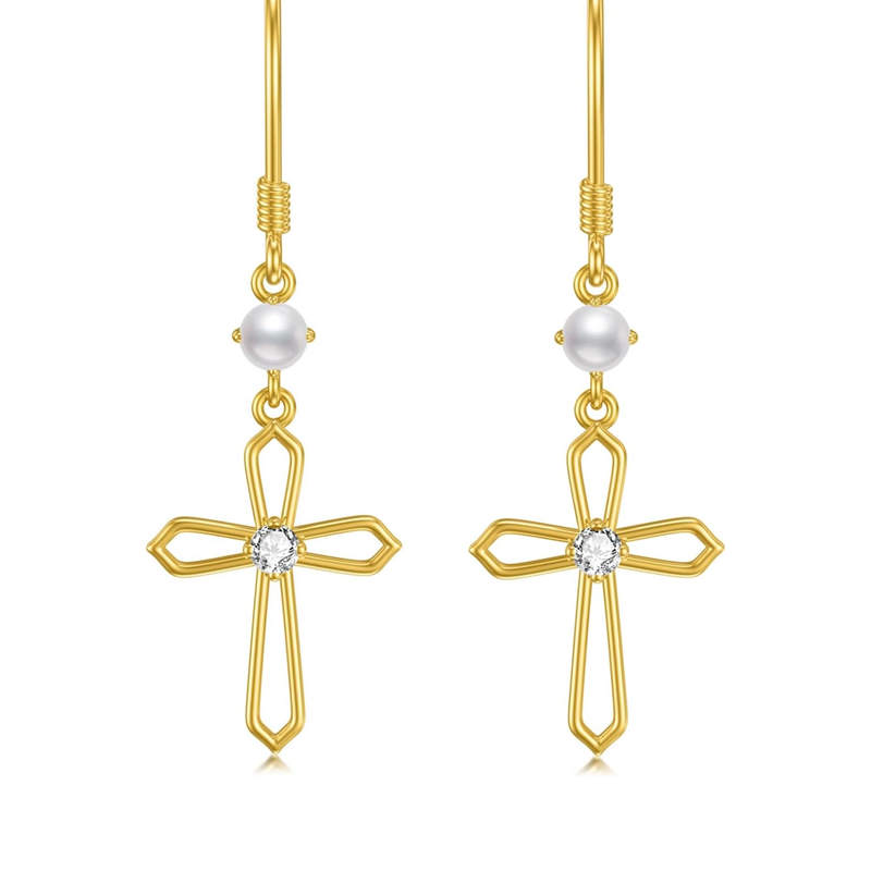 Gold Vermeil Cubic Zirconia Pearl Cross Drop Earrings for Women-7