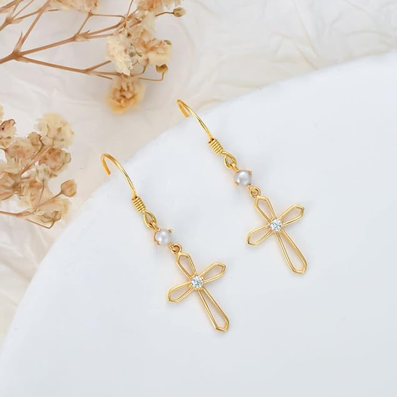 10K Gold Cubic Zirconia Pearl Cross Drop Earrings for Women-3