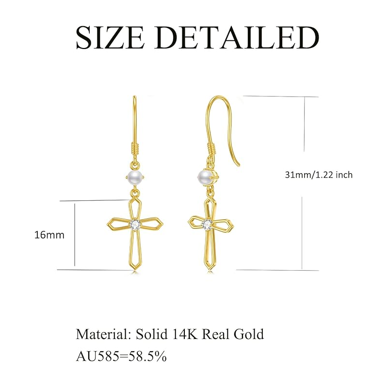 10K Gold Cubic Zirconia Pearl Cross Drop Earrings for Women-5