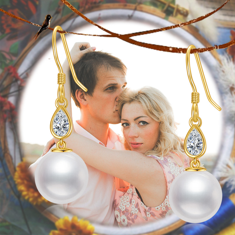 Boucles d'oreilles pendantes en or blanc 10 carats, zircon cubique et perle-7