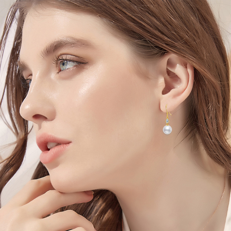 Boucles d'oreilles pendantes en or blanc 10 carats, zircon cubique et perle-3