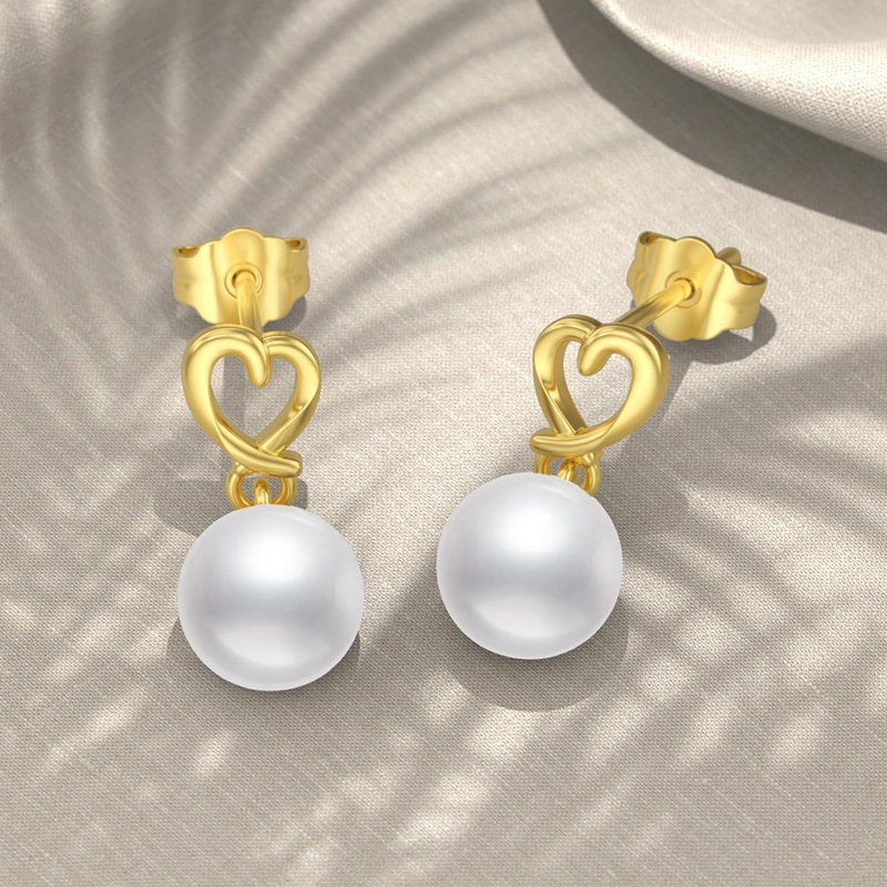 Gold Vermeil Pearl Heart Drop Earrings for Women-3