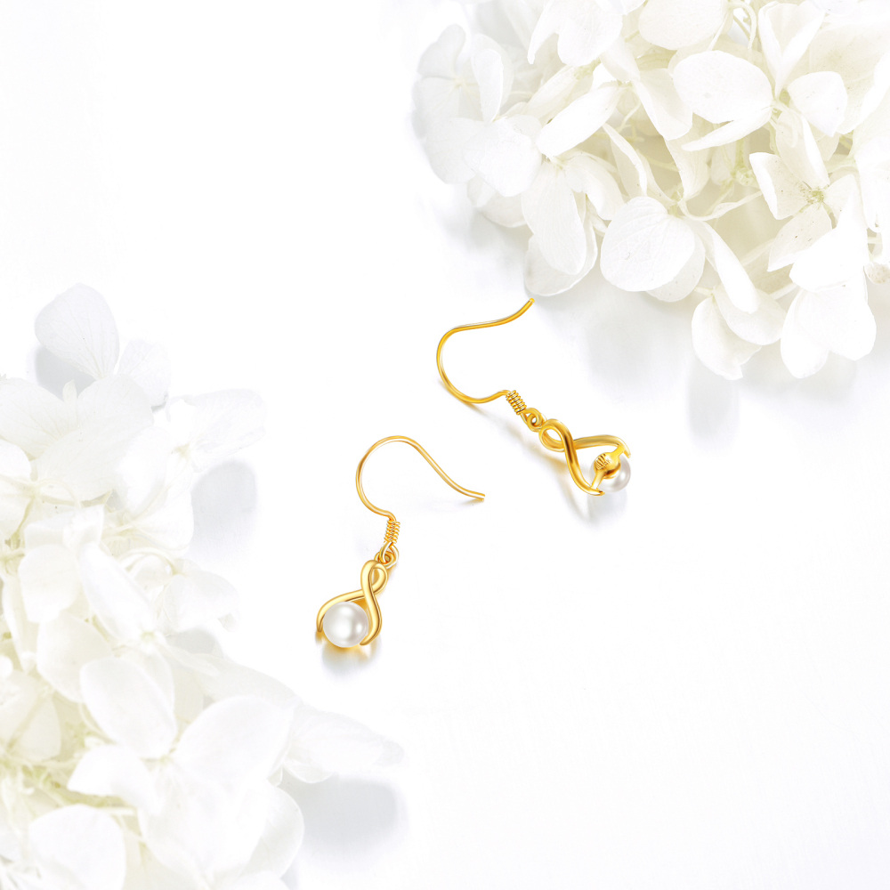 10K Gold Pearl Infinity Symbol Drop Earrings-3