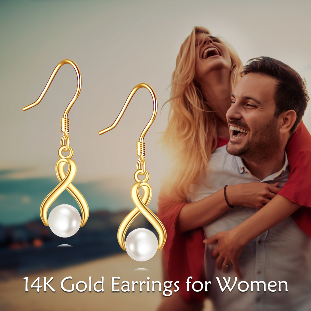 10K Gold Pearl Infinity Symbol Drop Earrings-6