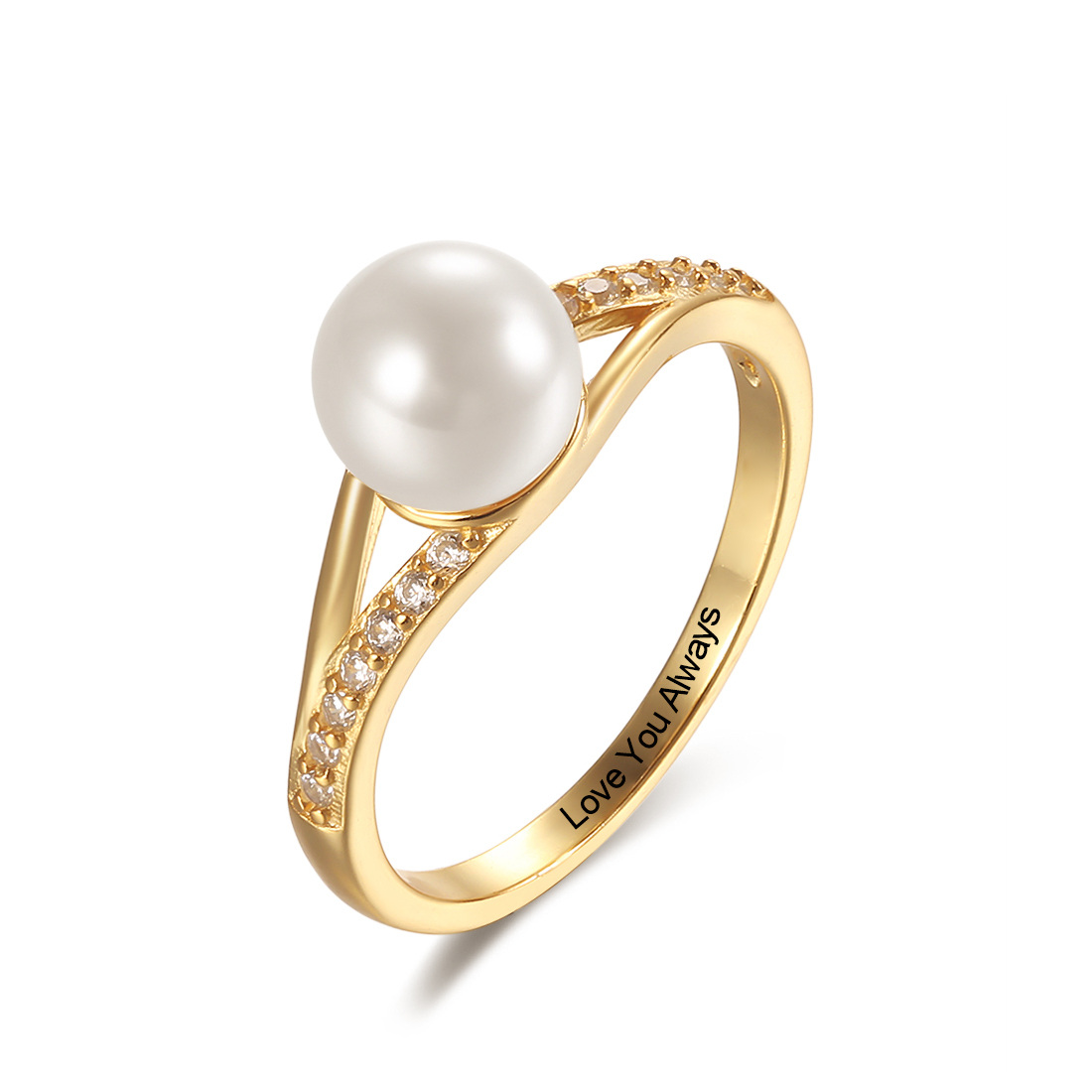 10K Rose Gold Pearl Personalized Engraving Engagement Ring-5