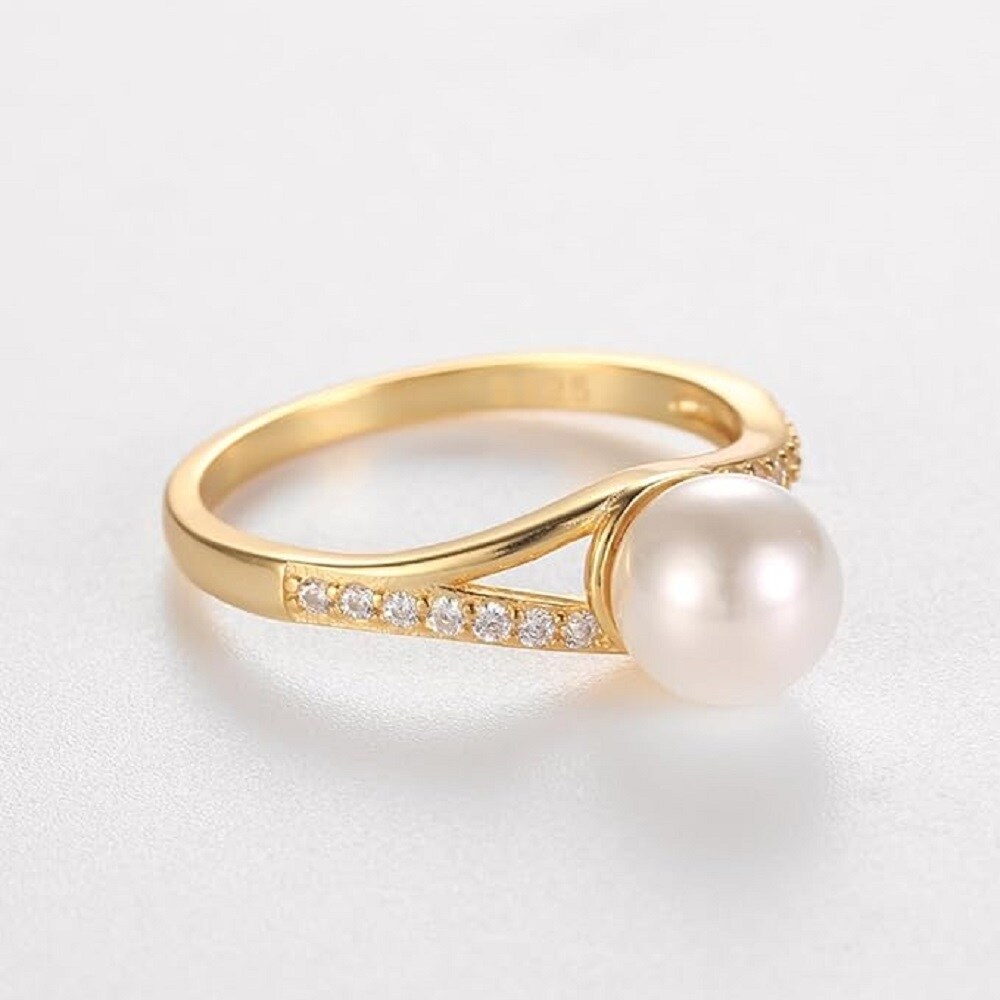 18K Gold Pearl Personalized Engraving Engagement Ring-2