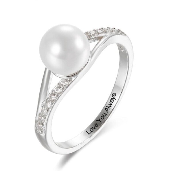 14K White Gold Pearl Personalized Engraving Engagement Ring-1