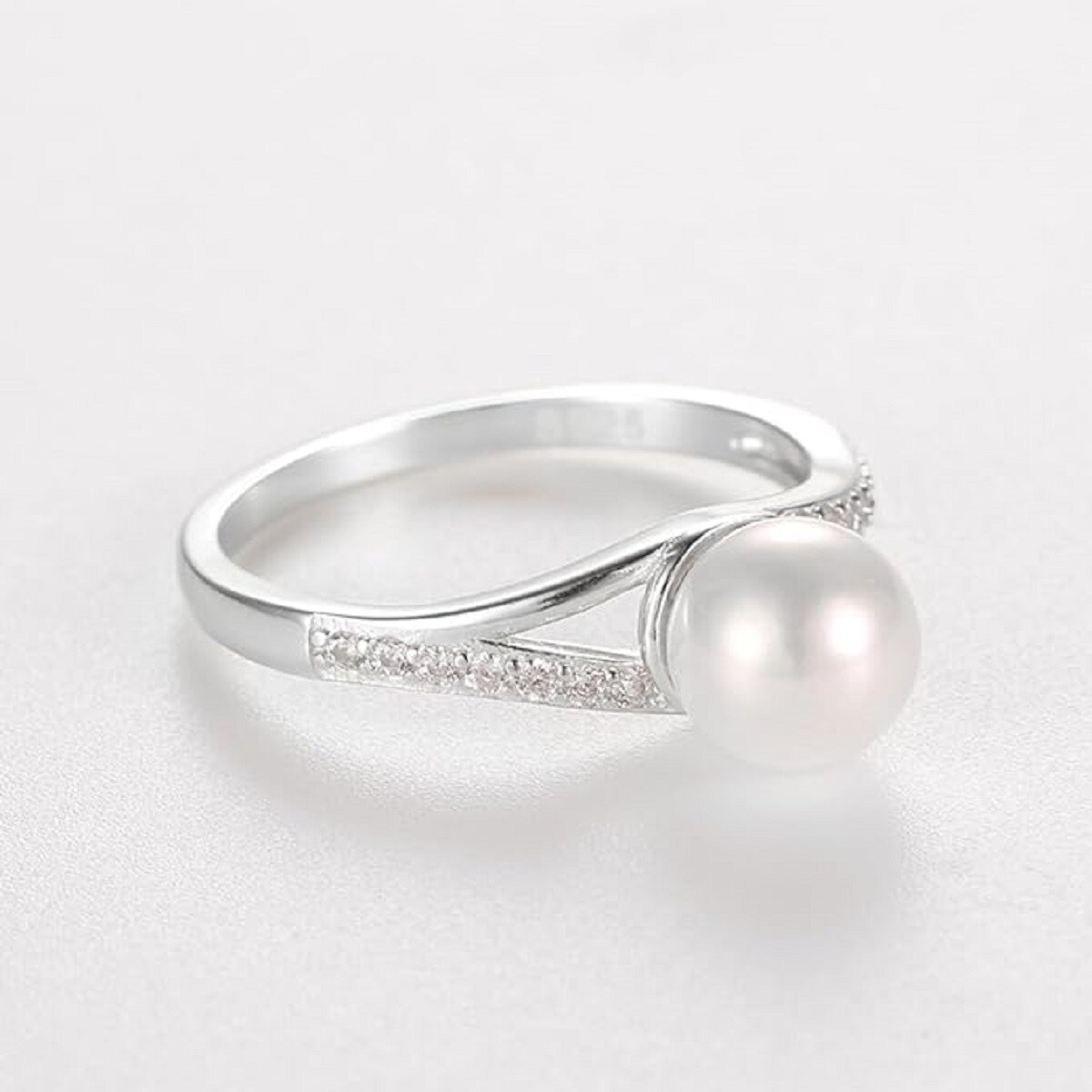 10K White Gold Pearl Personalized Engraving Engagement Ring-2