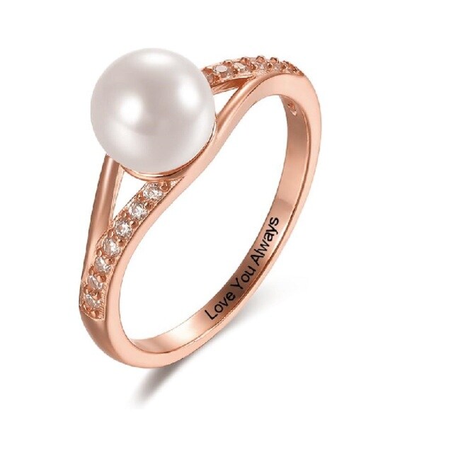 14K Gold Pearl Personalized Engraving Engagement Ring-5