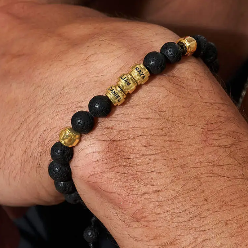 Pulseira de contas de corrente de corda gravada personalizada em ouro vermeil para homens-4