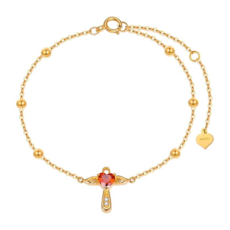 10K Gold Personalized Birthstone & Angel Wing Cross Heart Bracelet for Women-1