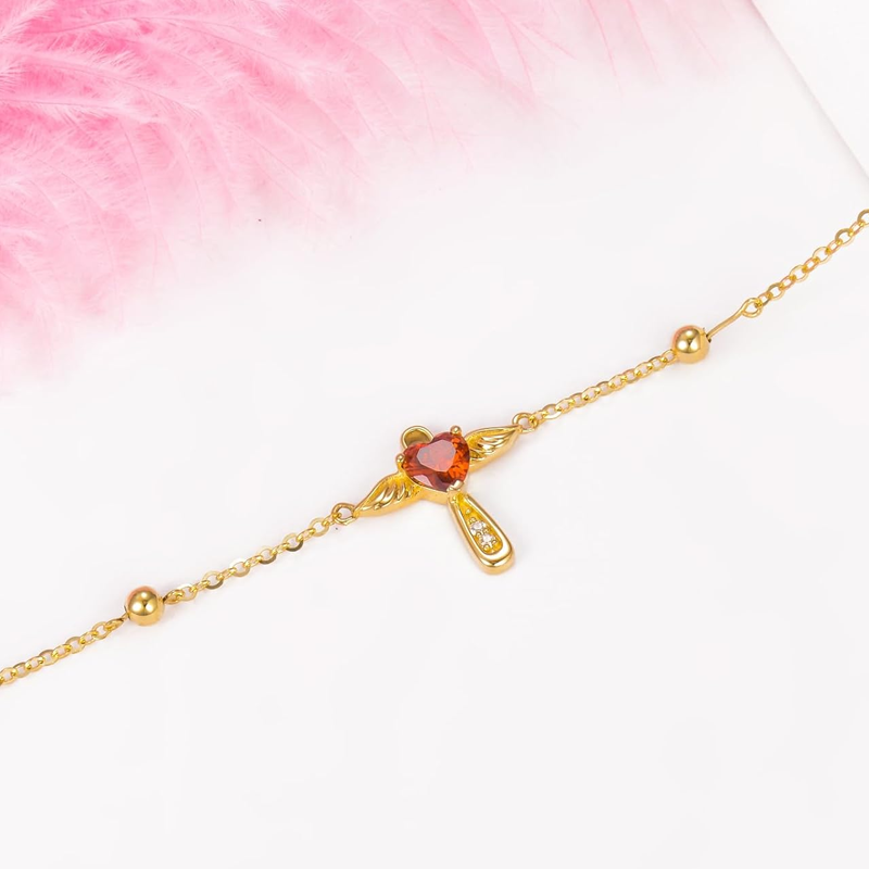 10K Gold Personalized Birthstone & Angel Wing Cross Heart Bracelet for Women-4