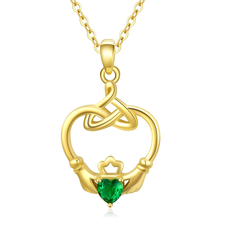 Colar feminino com nó celta e pedra de nascimento personalizada em ouro vermeil e coração Claddagh-1