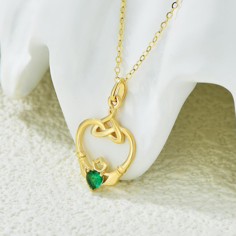 Gold Vermeil Personalized Birthstone Celtic Knot & Claddagh Heart Necklace for Women-4